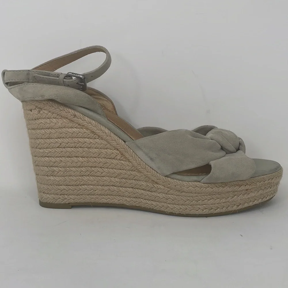 FRYE SANDALS Wedge Heel Shoes Ankle Strap Bow Tan Sage Leather Size 10